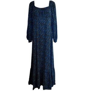 Maxi Long Sleeve Blue Floral Cottagecore Regency High Waist Tiered Dress Size L